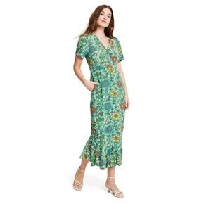 RHODE Green Orange Midi Sundress with Flutter Sleeves